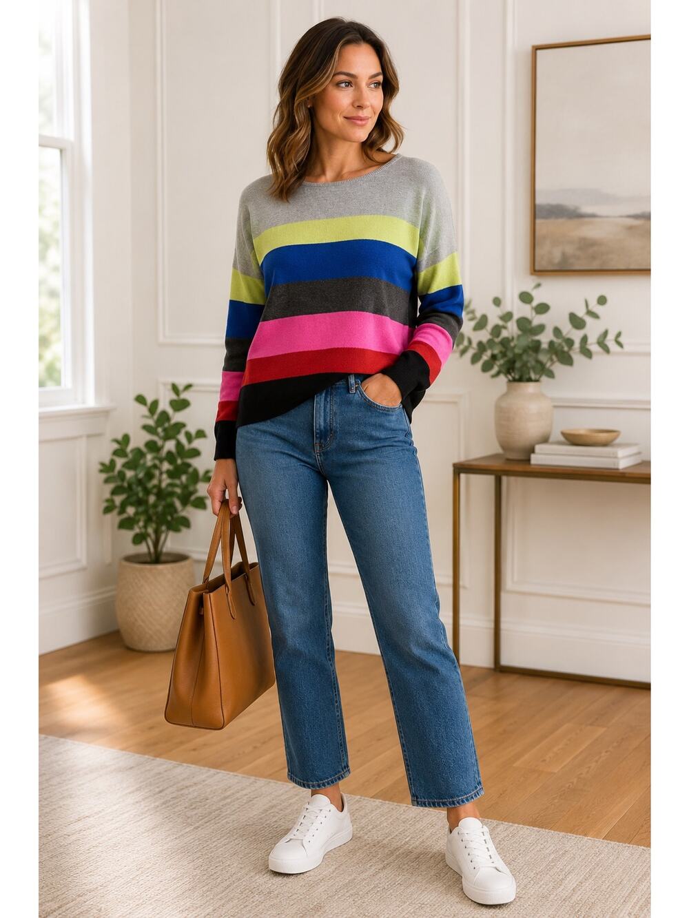 Lisa Todd Colorblock Cashmere Blend Sweater Gray Pink Blue Stripe Pullover M